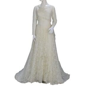 Vintage 1950s Lace Wedding Dress Long Sleeve Bridal Gown A-Line